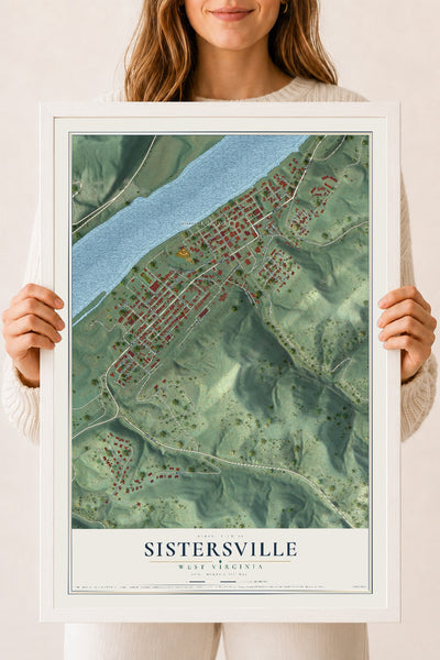 Map of Sistersville, West Virginia, 18 x 24 inch print in a white wood frame