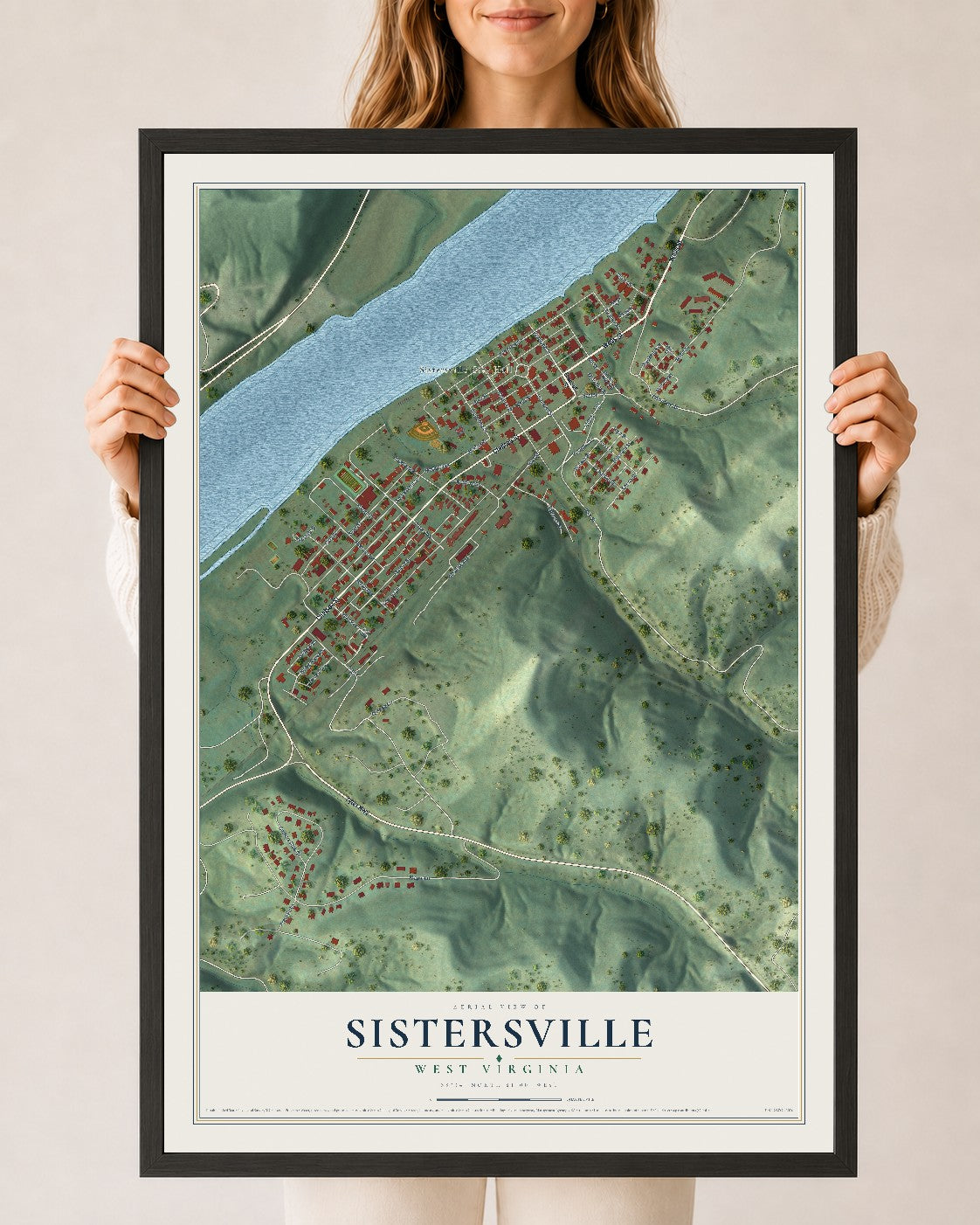 Map of Sistersville, West Virginia, 24 x 36 inch print in a black wood frame