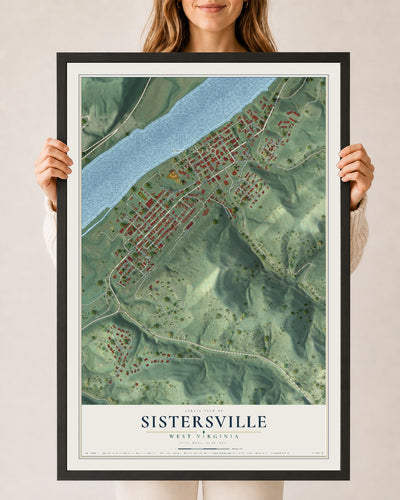 Map of Sistersville, West Virginia, 24 x 36 inch print in a black wood frame