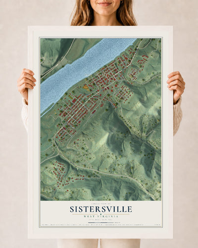 Map of Sistersville, West Virginia, 24 x 36 inch print in a white wood frame