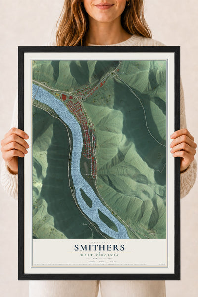 Map of Smithers, West Virginia, 18 x 24 inch print in a black wood frame