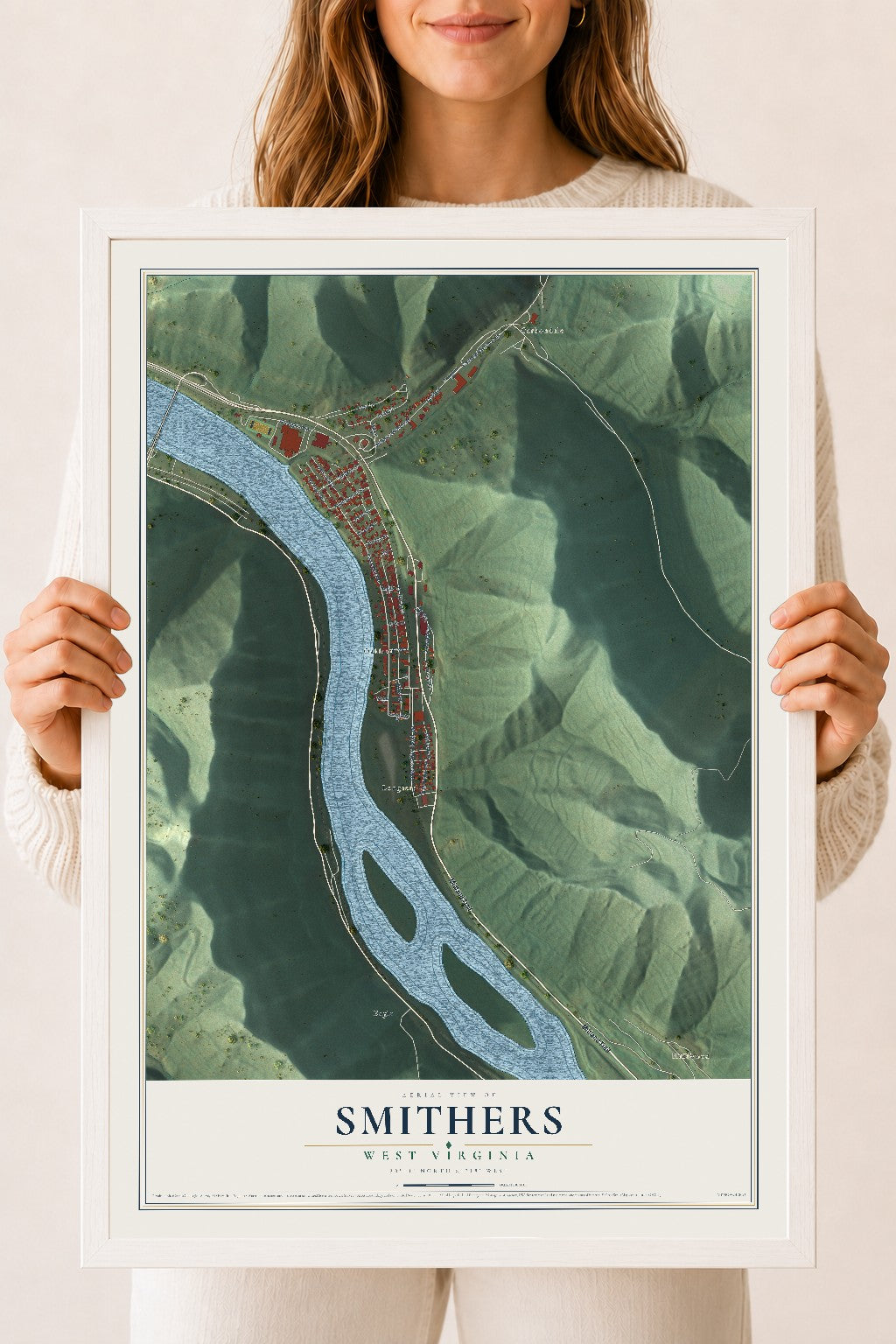 Map of Smithers, West Virginia, 18 x 24 inch print in a white wood frame