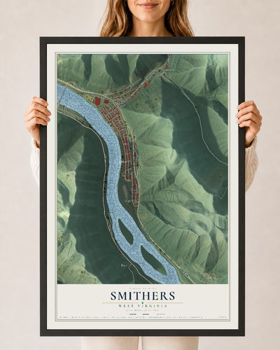 Map of Smithers, West Virginia, 24 x 36 inch print in a black wood frame