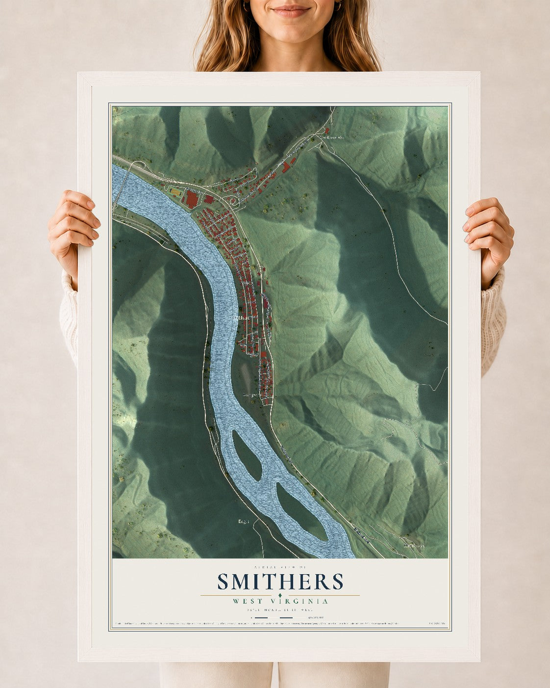 Map of Smithers, West Virginia, 24 x 36 inch print in a white wood frame