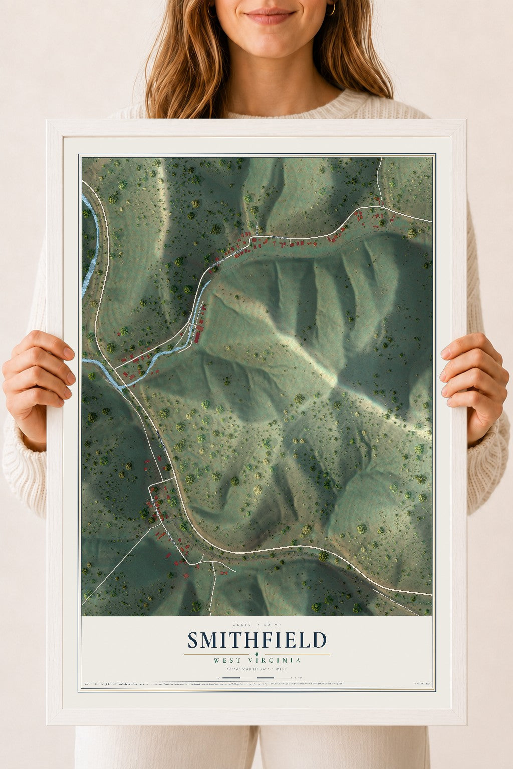 Map of Smithfield, West Virginia, 18 x 24 inch print in a white wood frame