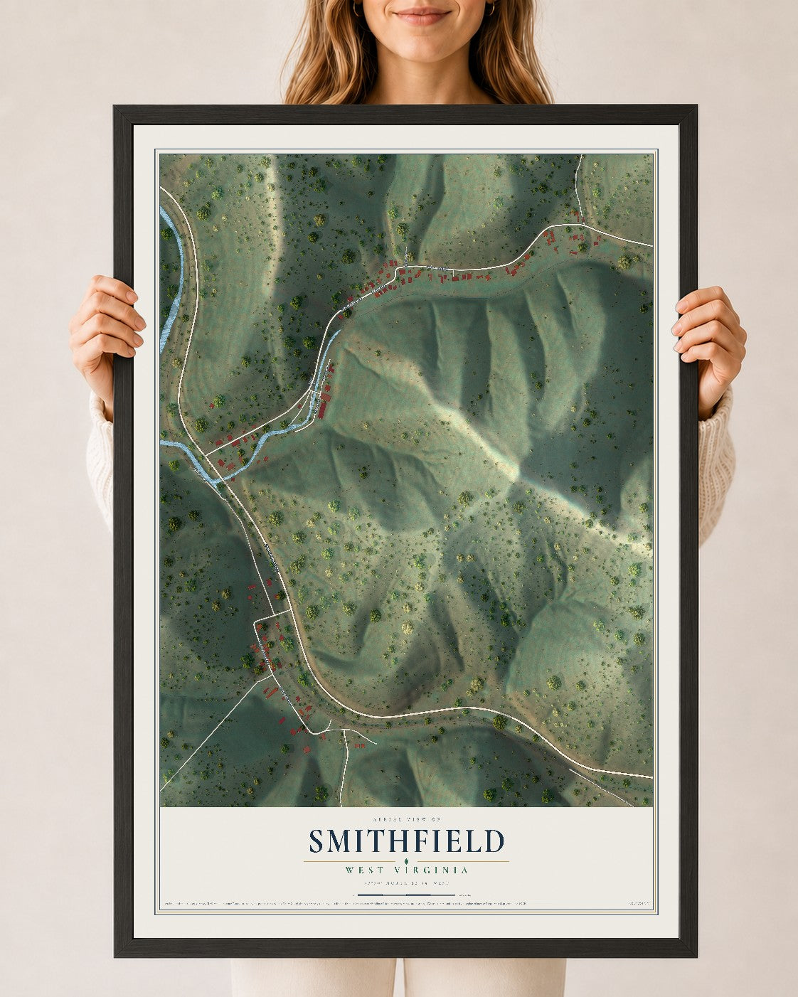 Map of Smithfield, West Virginia, 24 x 36 inch print in a black wood frame