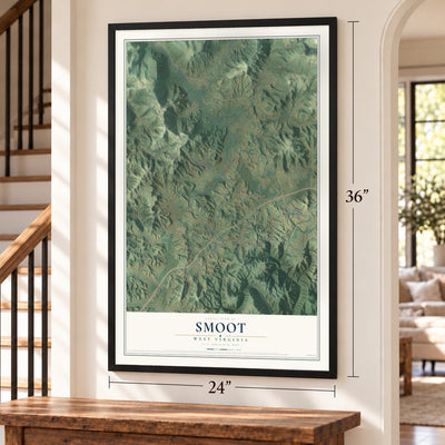 Smoot, West Virginia map, 24 x 36 inch print in a black frame by a staircase