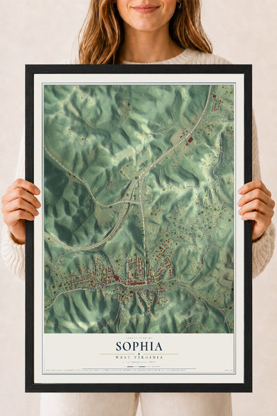 Map of Sophia, West Virginia, 18 x 24 inch print in a black wood frame