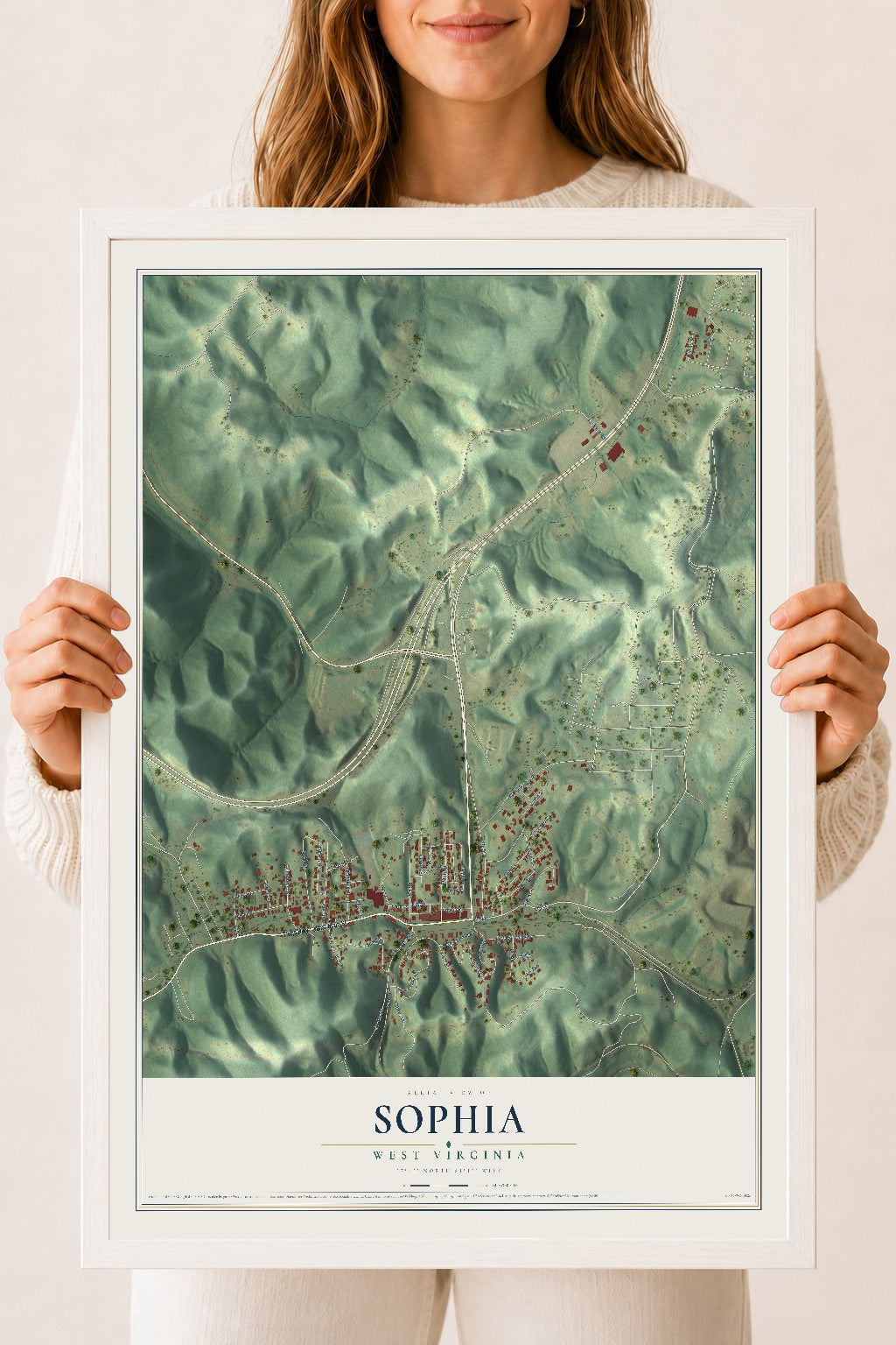Map of Sophia, West Virginia, 18 x 24 inch print in a white wood frame