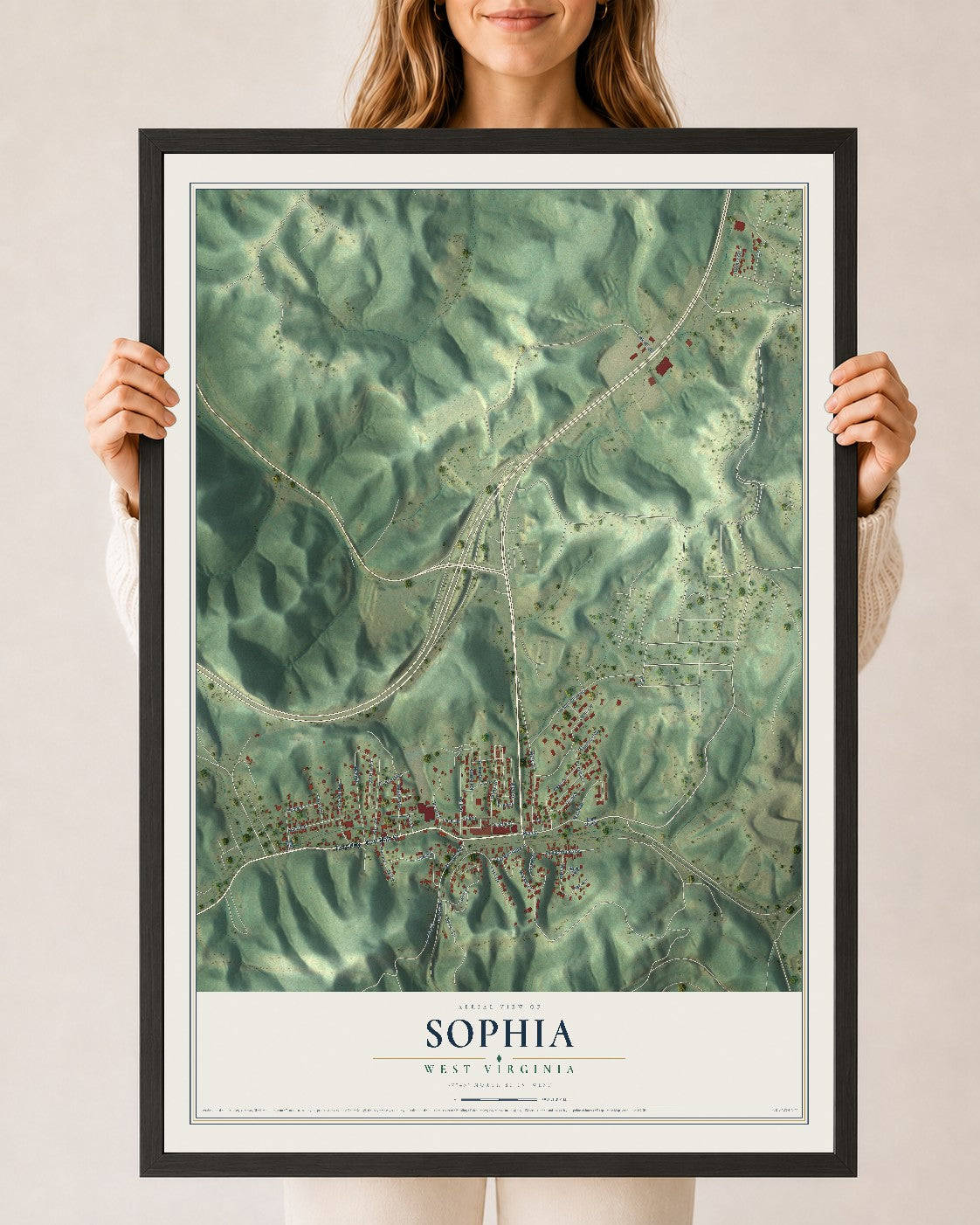 Map of Sophia, West Virginia, 24 x 36 inch print in a black wood frame