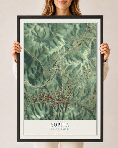 Map of Sophia, West Virginia, 24 x 36 inch print in a black wood frame
