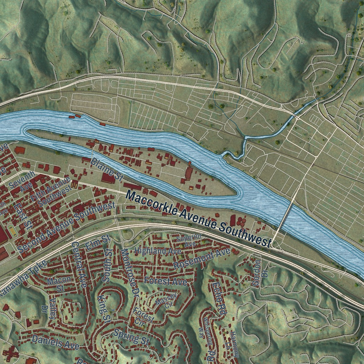 Close-up of the map of South Charleston, West Virginia print showing street and building detail