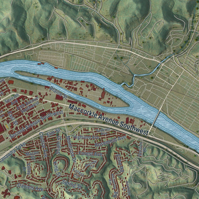 Close-up of the map of South Charleston, West Virginia print showing street and building detail