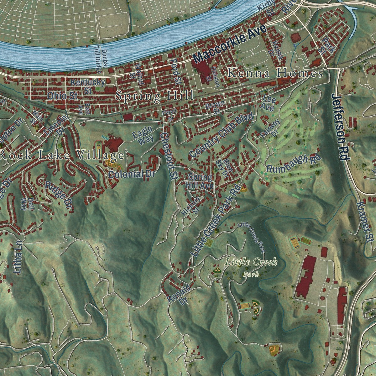 Second close-up of the map of South Charleston, West Virginia print showing more streets and buildings
