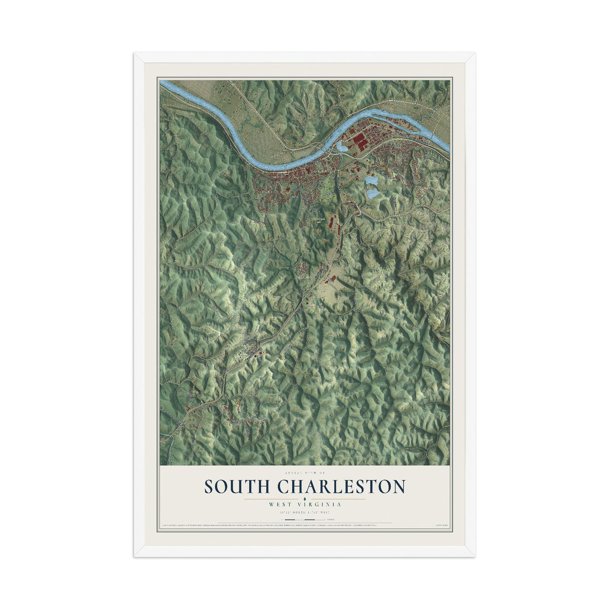 Map of South Charleston, West Virginia, 12 x 18 inch print in a white wood frame