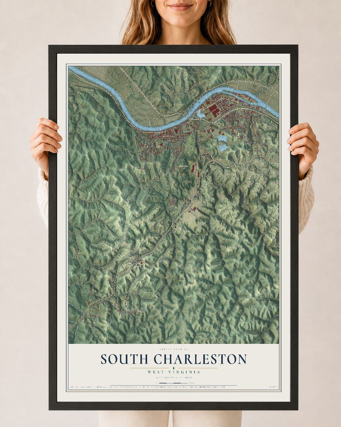 Map of South Charleston, West Virginia, 24 x 36 inch print in a black wood frame
