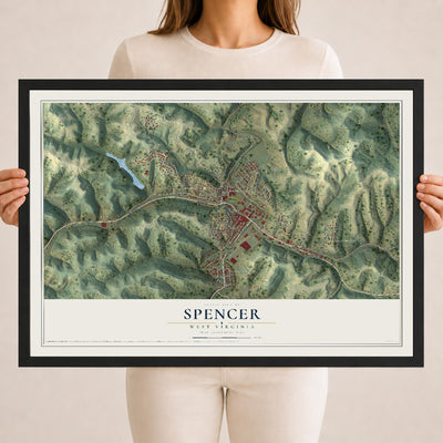Map of Spencer, West Virginia, 18 x 24 inch print in a black wood frame