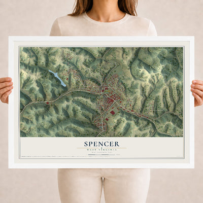 Map of Spencer, West Virginia, 18 x 24 inch print in a white wood frame