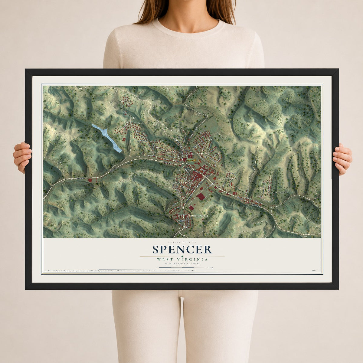 Map of Spencer, West Virginia, 24 x 36 inch print in a black wood frame