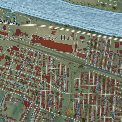 Second close-up of the map of St. Albans, West Virginia print showing more streets and buildings