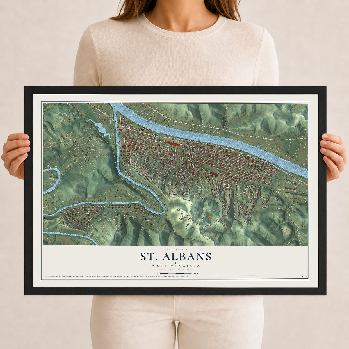 Map of St. Albans, West Virginia, 12 x 18 inch print in a black wood frame