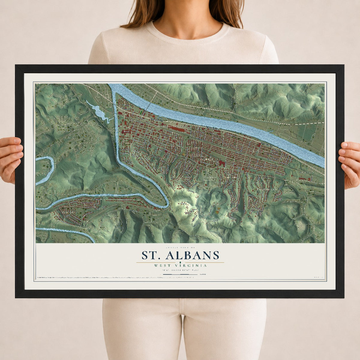 Map of St. Albans, West Virginia, 18 x 24 inch print in a black wood frame