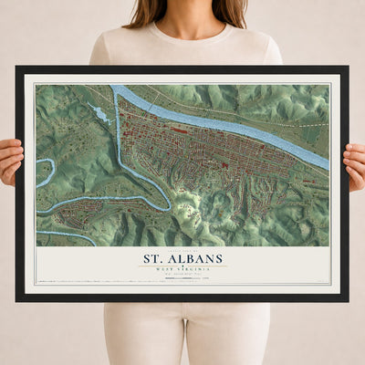 Map of St. Albans, West Virginia, 18 x 24 inch print in a black wood frame