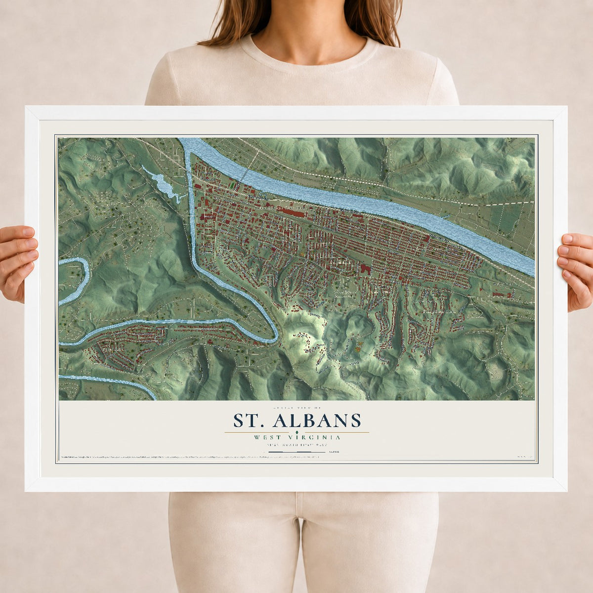 Map of St. Albans, West Virginia, 18 x 24 inch print in a white wood frame