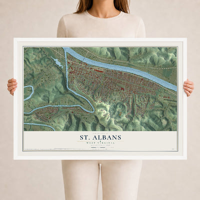 Map of St. Albans, West Virginia, 24 x 36 inch print in a white wood frame