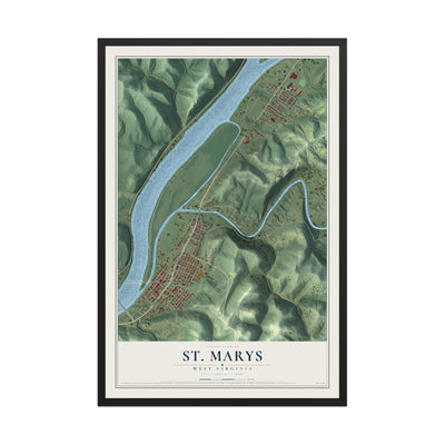 Map of St. Marys, West Virginia, 12 x 18 inch print in a black wood frame