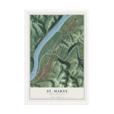 Map of St. Marys, West Virginia, 12 x 18 inch print in a white wood frame