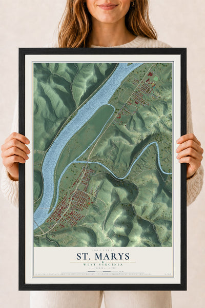 Map of St. Marys, West Virginia, 18 x 24 inch print in a black wood frame