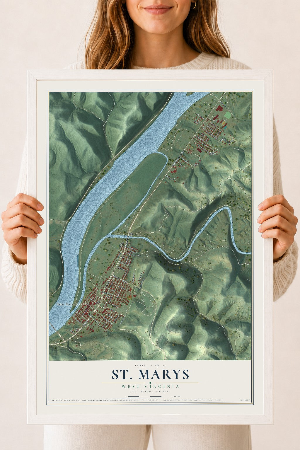 Map of St. Marys, West Virginia, 18 x 24 inch print in a white wood frame