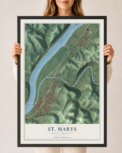 Map of St. Marys, West Virginia, 24 x 36 inch print in a black wood frame