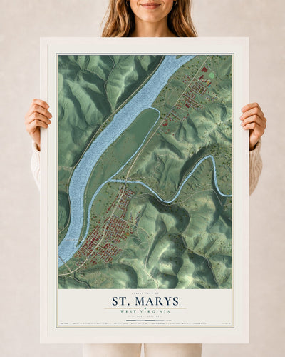 Map of St. Marys, West Virginia, 24 x 36 inch print in a white wood frame