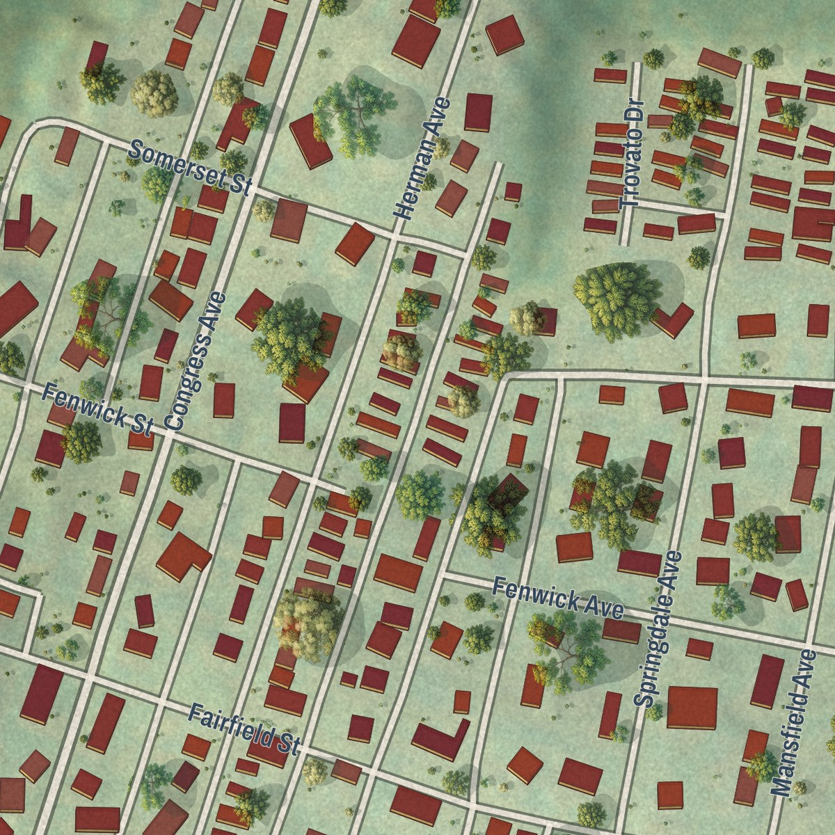 Close-up of the map of Star City, West Virginia print showing street and building detail