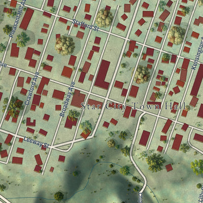 Second close-up of the map of Star City, West Virginia print showing more streets and buildings
