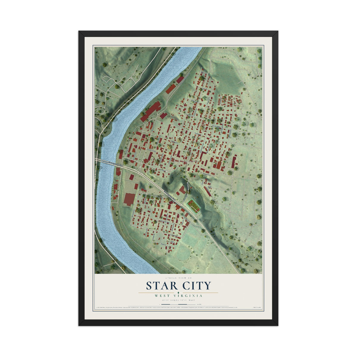 Map of Star City, West Virginia, 12 x 18 inch print in a black wood frame