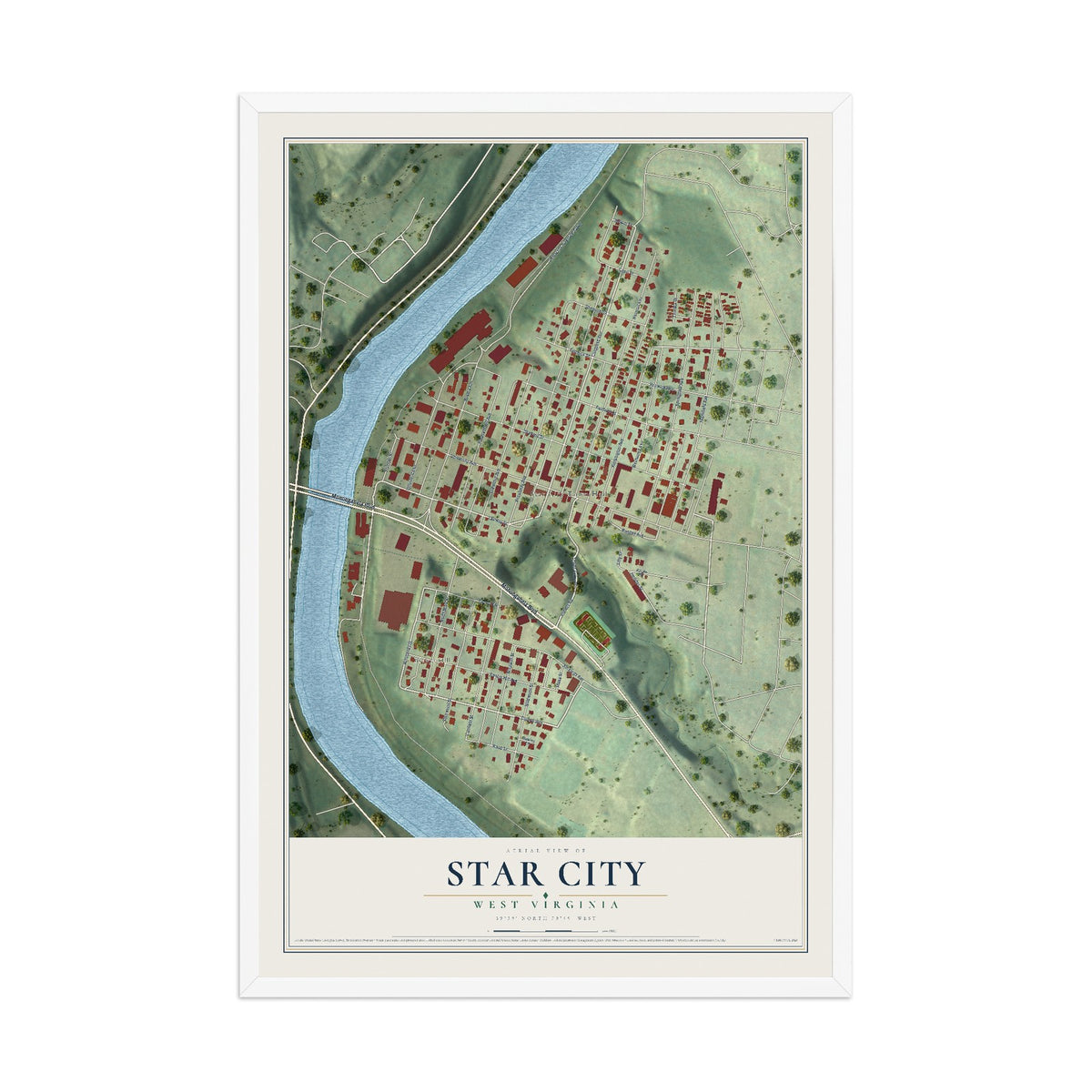 Map of Star City, West Virginia, 12 x 18 inch print in a white wood frame