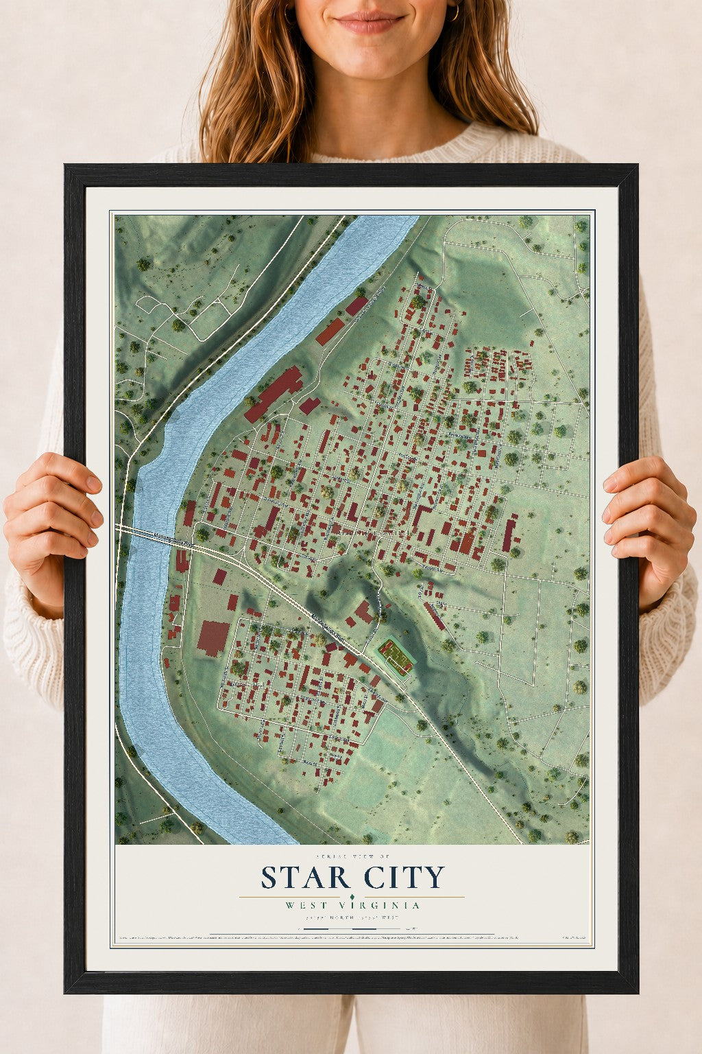 Map of Star City, West Virginia, 18 x 24 inch print in a black wood frame
