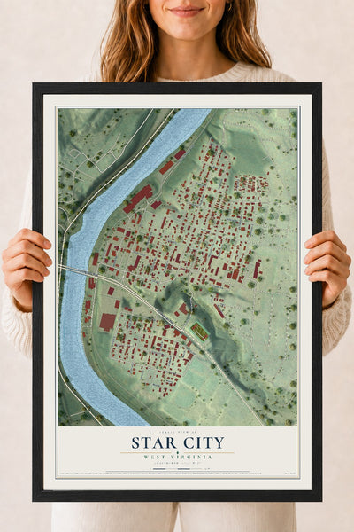 Map of Star City, West Virginia, 18 x 24 inch print in a black wood frame