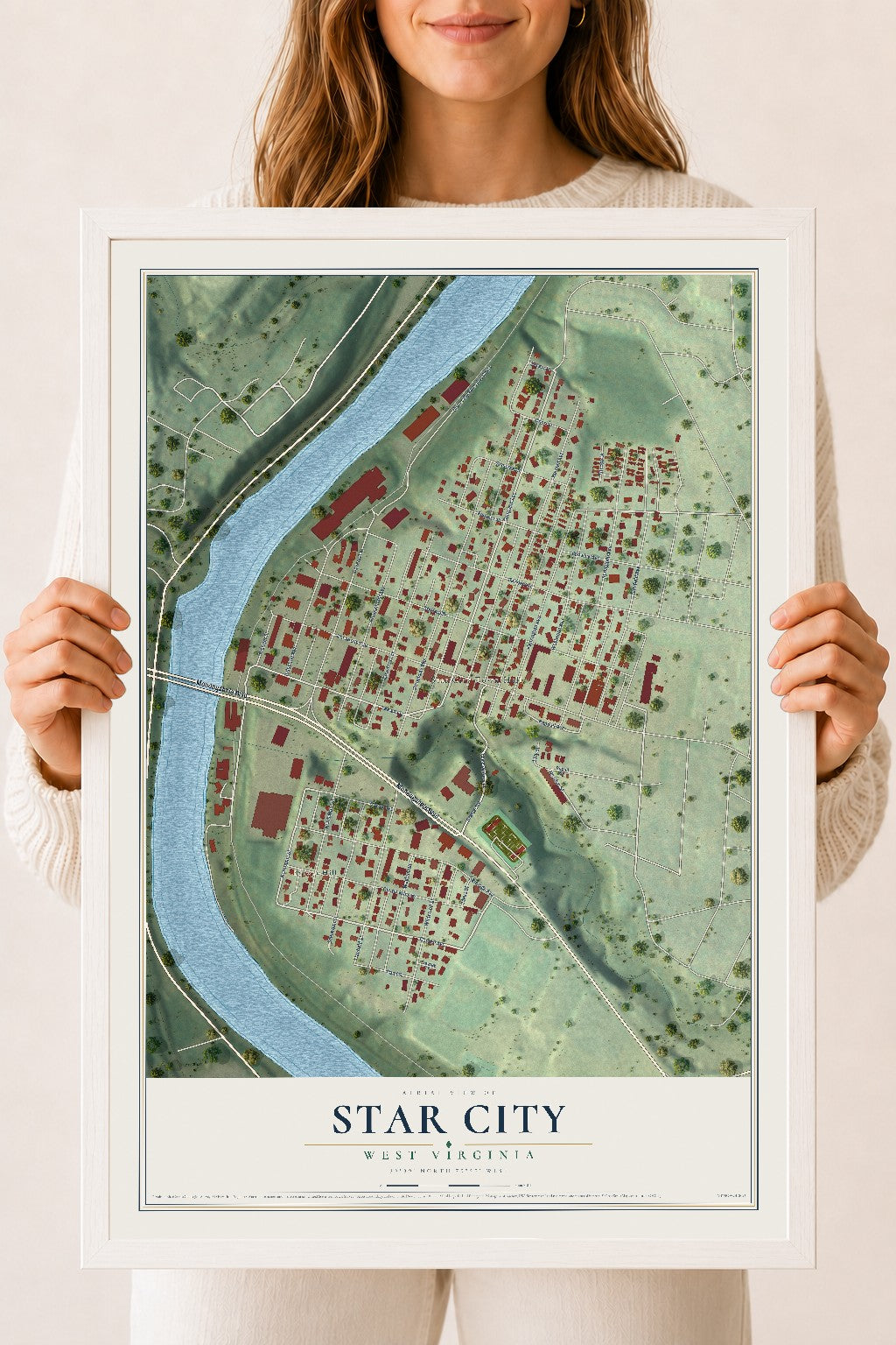 Map of Star City, West Virginia, 18 x 24 inch print in a white wood frame