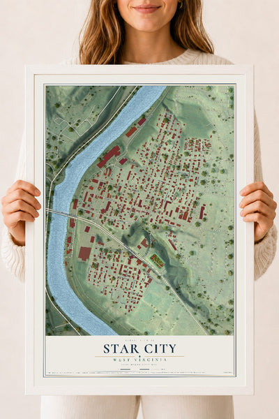 Map of Star City, West Virginia, 18 x 24 inch print in a white wood frame