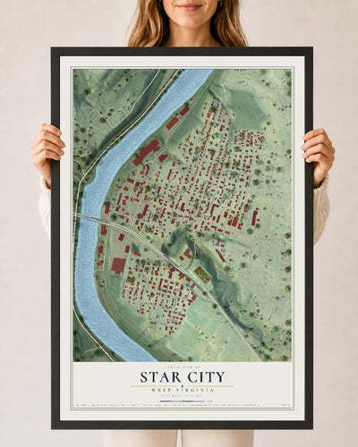 Map of Star City, West Virginia, 24 x 36 inch print in a black wood frame