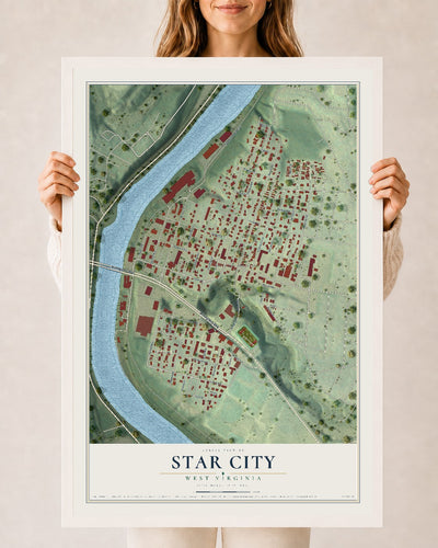Map of Star City, West Virginia, 24 x 36 inch print in a white wood frame