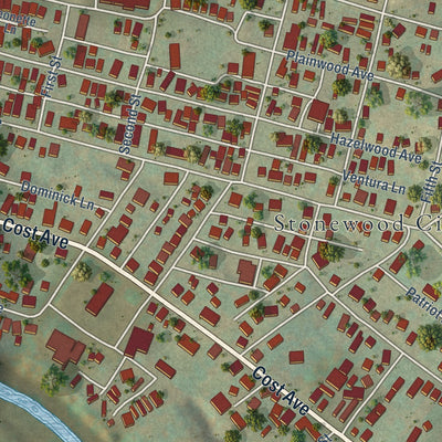 Close-up of the map of Stonewood, West Virginia print showing street and building detail