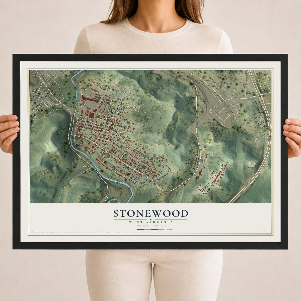 Map of Stonewood, West Virginia, 18 x 24 inch print in a black wood frame