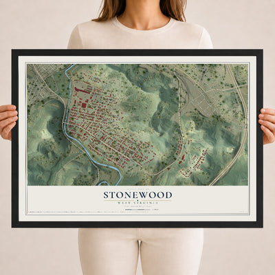 Map of Stonewood, West Virginia, 18 x 24 inch print in a black wood frame