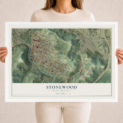 Map of Stonewood, West Virginia, 18 x 24 inch print in a white wood frame