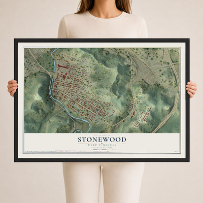 Map of Stonewood, West Virginia, 24 x 36 inch print in a black wood frame